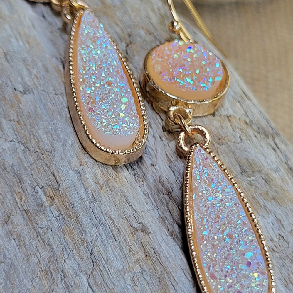RESTOCKED Peachy Pink Druzy Stone Dangle Earrings - Picture 4 of 4